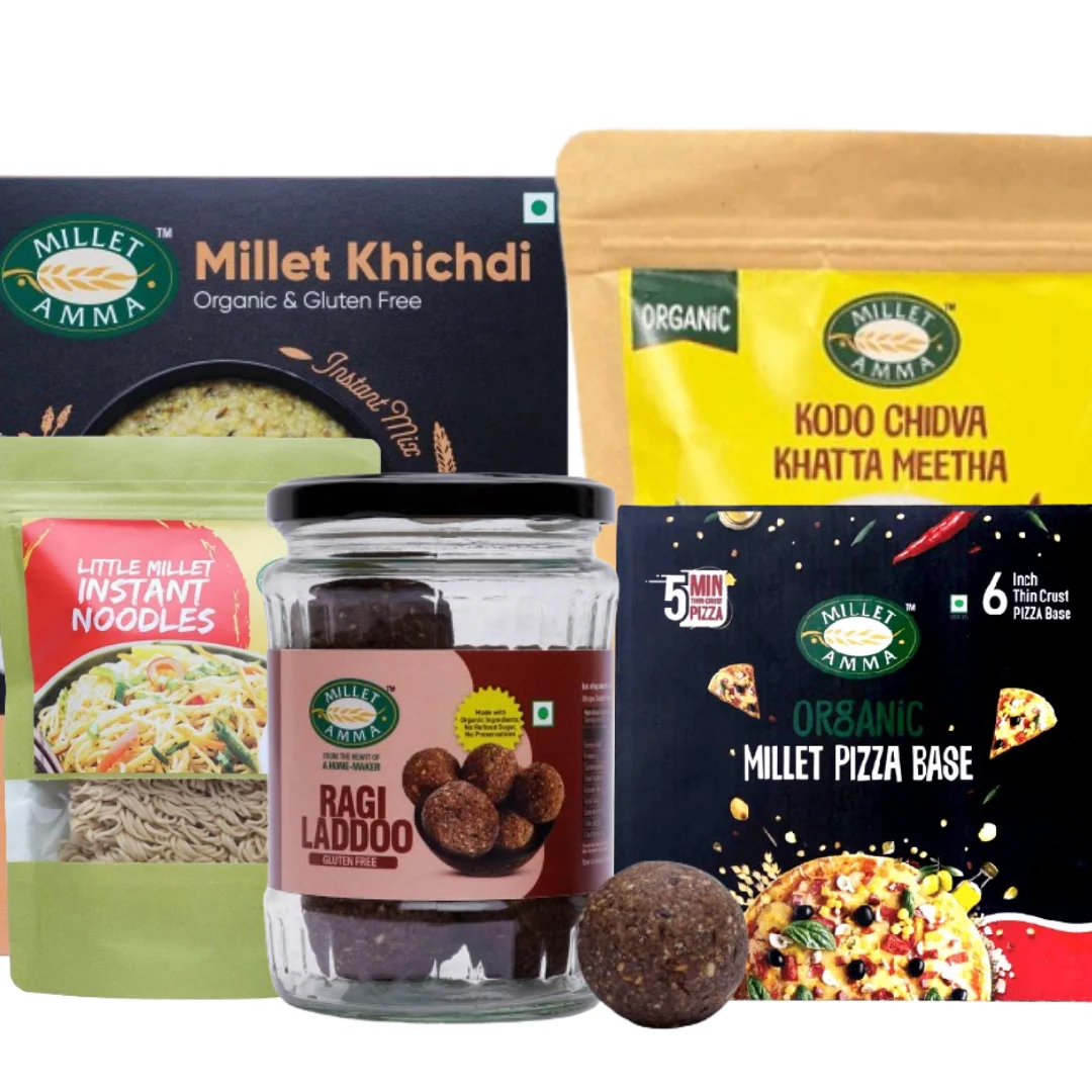Millet Starter Kit - Ragi Ladoo + Pizza Base + Little Millet Instant Noodles + Kodo Khatta Meeta Chivda + Millet Khichdi Mix
