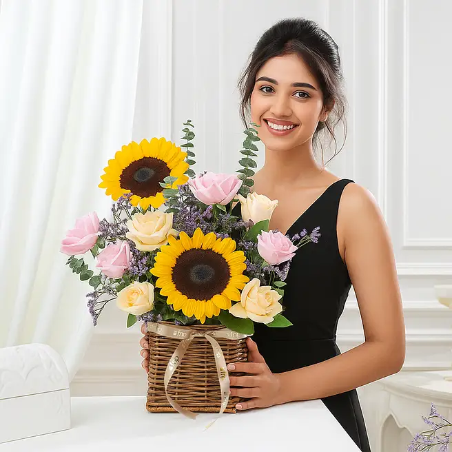 Sunflowers N Roses Charm Basket